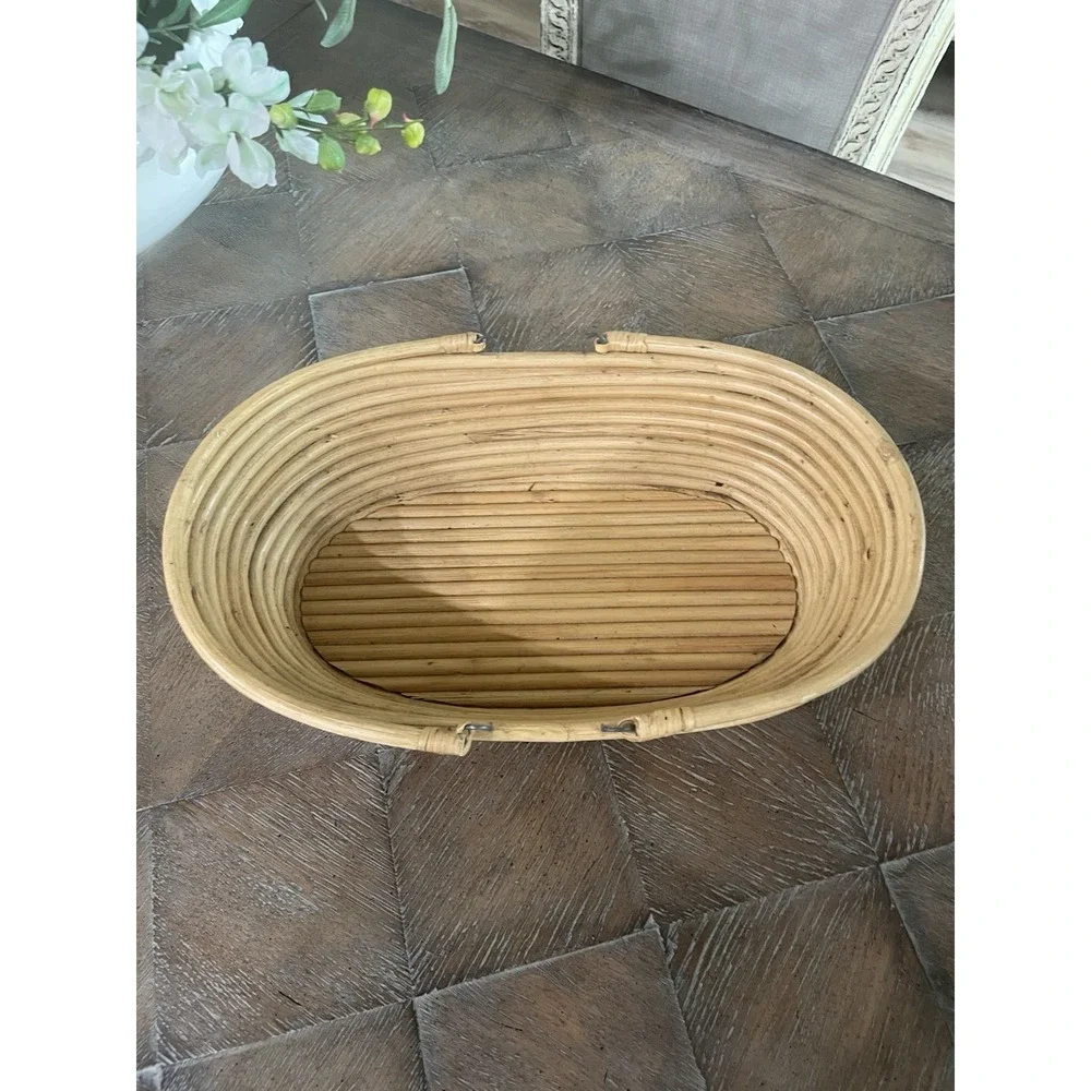 Vtg Pencil Reed Oval‎ Handled Basket Coiled Natural Bamboo Boho 1970s MCM